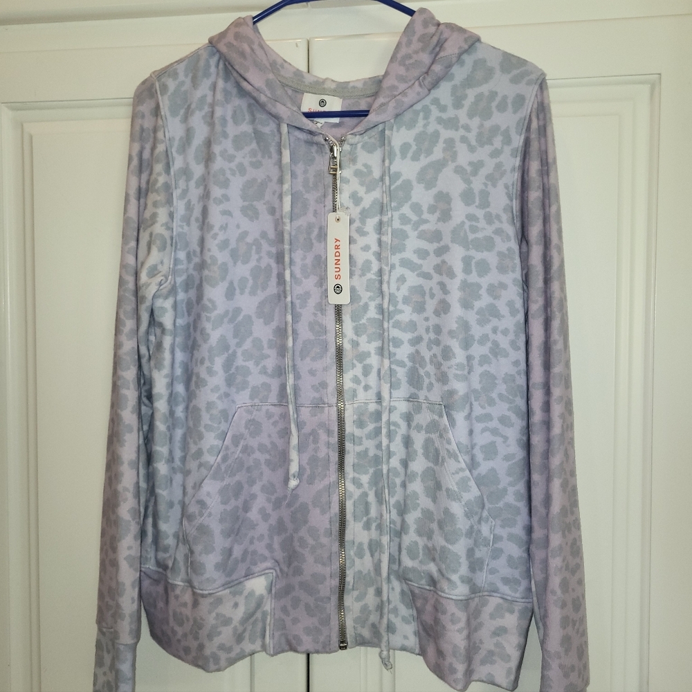 Sundry Lavender and Gray Animal Print Zip Hoodie